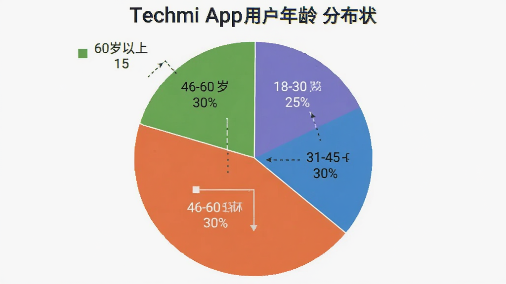 һ��չʾTechmi App�û�����ֲ��ı�״ͼ�������Ǳ�ͼ������ΪԲ�ηָ�ͼ���Ű��ϲ�ͬ��ɫ������ͬ����Σ����Ϊ���ݿ��ӻ�ͼ����ϸ���ϱ�ע��18-30��ռ��25%��31-45��ռ��30%��46-60��ռ��30%��60������ռ��15%�����������ɾ��޶���Ԫ�ء�