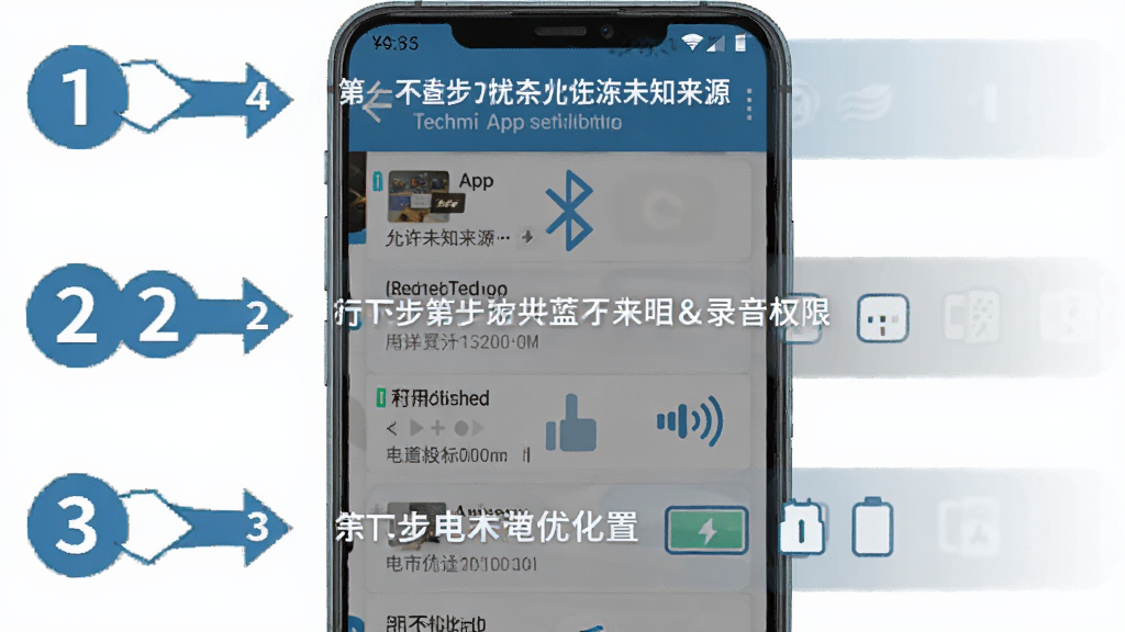 һ��չʾTechmi App��װȨ�����ò����ʾ��ͼ���������ֻ����ý����ͼ������Ϊ���ϵ��µĲ������̣��Ű��ϵ�һ��������δ֪��Դ���ڶ����Ǵ�������¼��Ȩ�ޣ��������ǵ���Ż����ã����Ϊ�����Ľ̳�ָ����ϸ�����ü�ͷ�����ֱ�ע˳�򣬻��ʸɾ��޶���Ԫ�ء�
