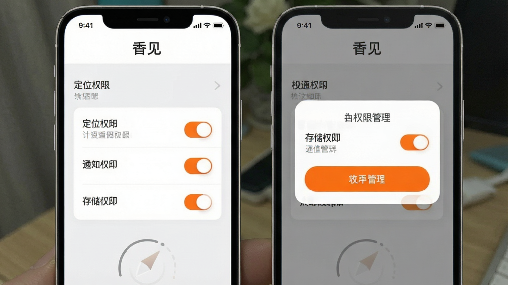 ���App���ֲ���ָ�����棬�ֻ���Ļ��ʾ����ҳ���Ȩ�޹��������������а�����λȨ�ޡ�֪ͨȨ�ޡ��洢Ȩ�޵Ŀ���ѡ��Ա�������˵����ǩ����������ˣ���ɫ�԰�ɫ��ǳ��ɫΪ������ťΪ��ɫ���������ʸɾ�����Ļ����ʾ�����������