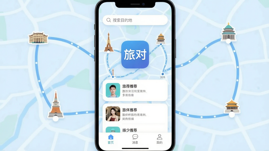 �ö�App������չʾ���ֻ���Ļ������ʾ���öԡ�Ӧ��ͼ�꣬�����ǵ���ɫ��ͼ·�����Ӳ�ͬ���еر꣬���沼�ּ�࣬�Ϸ�������д�š�����Ŀ�ĵء����м��ǿ�Ƭʽ�ð��Ƽ��б����ײ�����������ҳ����Ϣ���ҵ�����ѡ���������ִ�����ƽ����ƣ�ϸ��Բ�󣬻��ʸɾ����޶���Ԫ��