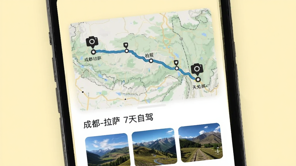 �ö�App���й켣������Ƭ���ֻ���Ļ��ʾһ�Ŵ��е�ͼ·�ߵĿ�Ƭ����ͼ�ϱ�ע�������յ㣬��;�����ͼ���ʾ���յ㣬��Ƭ�·��С��ɶ�-���� 7���Լݡ����ֺͼ��ŷ羰����ͼ������Ϊǳ��ɫ��������գ����ʸɾ����޶���Ԫ��