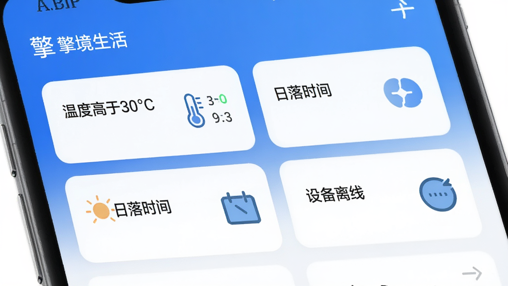 ����չʾ���澳���APP���Զ����������ý��棬��Ļ�������Ŷ��������Ƭ���硰�¶ȸ���30��C��������ʱ�䡱���豸���ߡ��ȣ��Ա��ж�Ӧ��ִ�ж���ͼ�ꡣ�������࣬����ɫ�Ͱ�ɫΪ�����������룬�������������ʸɾ��޶���Ԫ�ء�