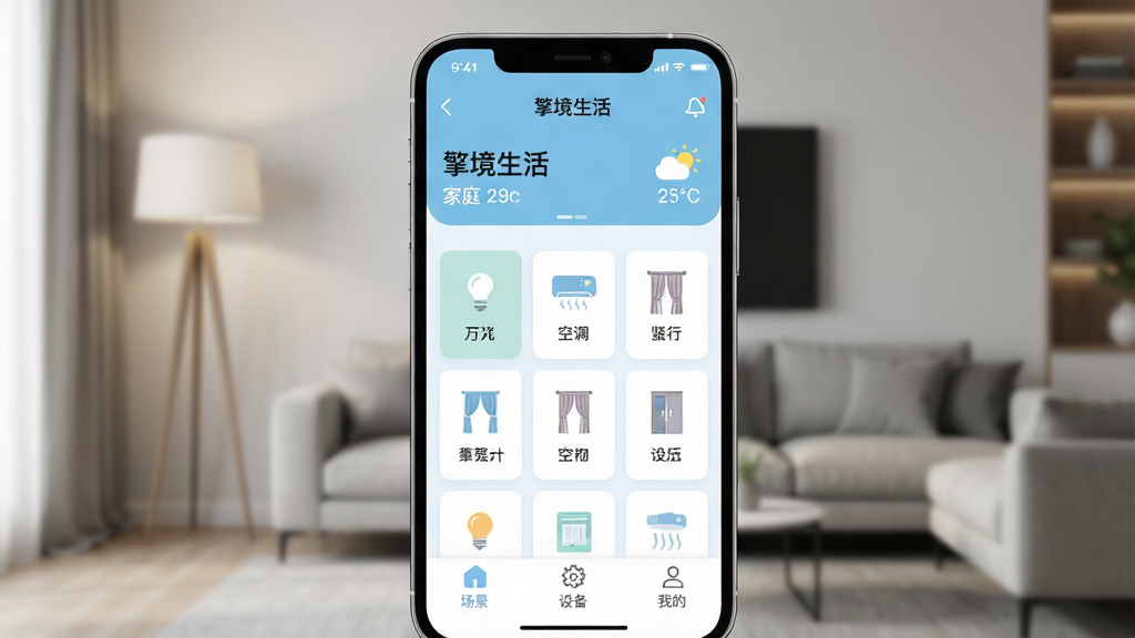 ����������һ�������ֻ�����Ļ����ʾ�š��澳���APP�������棬������ǳ���Ͱ�ɫΪ��ɫ���������Ǽ�ͥ���ƺ�������Ϣ���м����豸��Ƭ���񣬰����ƹ⡢�յ���������ͼ�꣬�ײ��г������豸���ҵ�������ǩ����������ģ�����ִ���������������صƺ�ɳ�����������ִ���Լ��ϸ�ڸɾ����������ʸ����޶���Ԫ�ء�