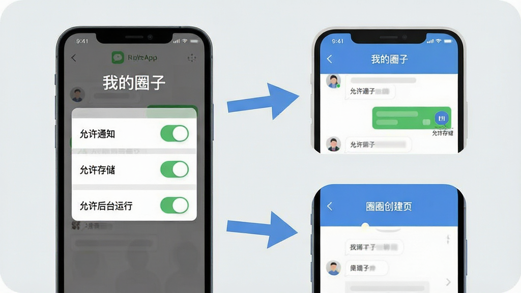 我的圈子App操作指南示意图,画面中一部手机展示安装权限设置界面,旁边有箭头指向聊天界面和圈子创建界面,手机屏幕上有“允许通知”“允许存储”“允许后台运行”三个权限开关图标,背景是浅灰色,风格扁平化,排版清晰,画质干净无多余元素,图片中文字标注“我的圈子”