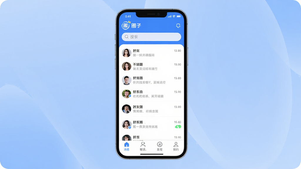 我的圈子社交软件主界面全貌展示,画面中央是手机屏幕,屏幕内显示我的圈子App的聊天列表界面,顶部有我的圈子logo和搜索栏,中间是好友聊天记录列表,底部是消息、联系人、发现、我的四个导航按钮,整体采用蓝白配色,界面简洁清爽,背景是柔和的渐变蓝色,风格现代扁平化,细节圆润,画质干净清晰,无多余元素