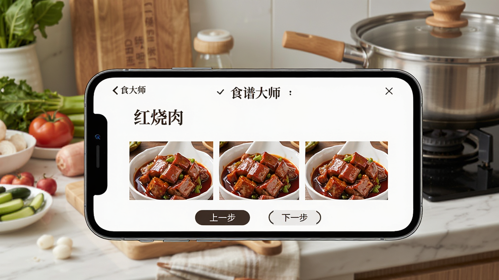 一张展示「食谱大师」烹饪模式界面的图片,手机横屏放置,屏幕上显示着「红烧肉」的详细步骤,大字体的文字说明搭配实拍步骤图,界面底部有「上一步」「下一步」按钮,背景是厨房台面,旁边有食材和锅具,风格真实自然
