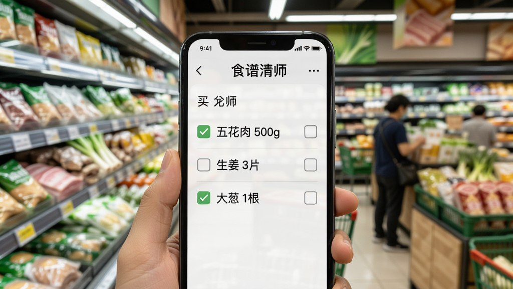 一张展示「食谱大师」买菜清单功能的图片,手机屏幕上显示着一份购物清单,上面列着「五花肉 500g」「生姜 3片」「大葱 1根」等食材,旁边有勾选框,背景是超市货架,风格生活化,画质清晰