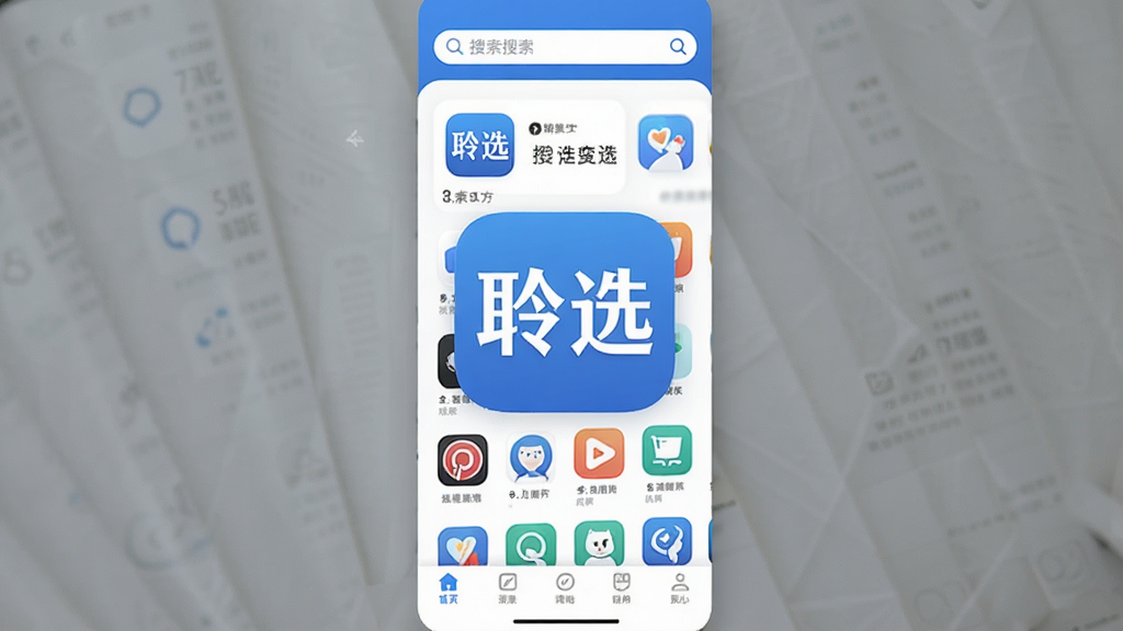 һ���ֻ�Ӧ���̵�Ľ���չʾͼ�����������ǡ���ѡ��App��Logo�������棬���岼�ּ�����������������������м��Ǹ���Ӧ��ͼ���������룬�ײ��е�����������ִ���ƽ����������ɫΪ�������ʸɾ��������޶���Ԫ�ء�