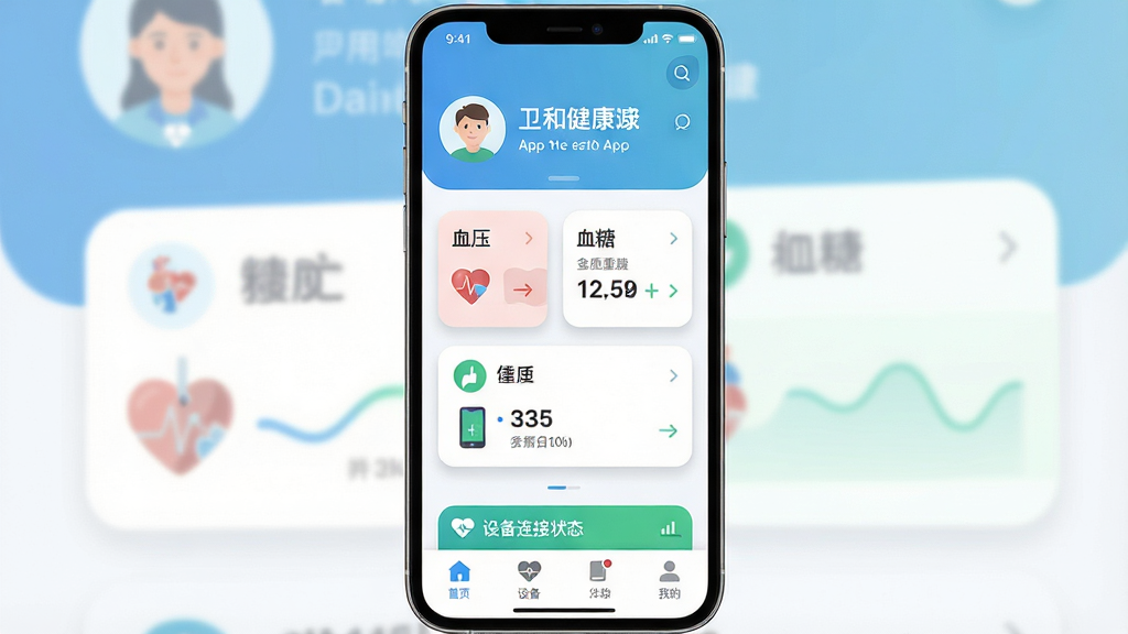 һ��չʾ���ͽ���App���Ľ�����ֻ�ģ��ͼ��������һ�����ŵ������ֻ�����Ļ��ʾ���������Ǳ��̣����ֶ������û�ͷ����ʺ���в���Ѫѹ��Ѫ�ǡ������������ݿ�Ƭ���ײ����豸����״̬�����ĸ�����ͼ�꣬�Ű���Գƣ�����ִ���ƽ����ϸ���Ͽ�Ƭ����΢��Ӱ��Բ�ǣ�����ɫ�������µ�������Ϊ�������ʸ��壬�ɾ����޶���Ԫ�ء�