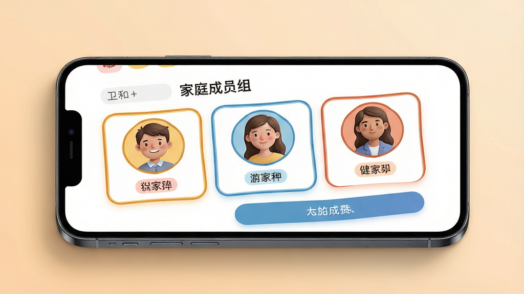 һ��չʾ���ͽ���App��ͥ��Ա����������ֻ�ģ��ͼ��������һ��ƽ�ŵ������ֻ�����Ļ��ʾ������ͥ��Աͷ��Ƭ�������У������Ϸ��Ǽ�ͥȺ�����ƣ��в��ǳ�Ա��Ƭ���·������ӳ�Ա��ť���Ű����룬�����ܰ�׺ͣ�ϸ����ÿ��ͷ���в�ͬ��ɫ�ı߿�ͽ�ɫ��ǩ����������͵�ůɫ�������ʸ��壬�ɾ����޶���Ԫ�ء�