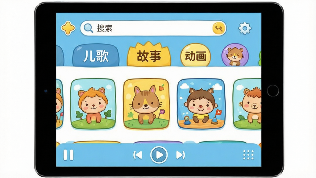 һ��չʾ��Ѷ�����¶���ƬApp���������ϸ��ͼ��������һ��ƽ�������Ļ����Ļ����ʾ��ɫ�����޵Ķ�ͯӦ�ý��棬���ַ�Ϊ���������֣��������������ͷ����ǩ����衢���¡��������м��Ǻ�������Ŀ�ͨ����ͼ���ײ��ǲ��ſ������������Ű�����������ǿ�ͨ�ֻ�磬ϸ�ڰ���Բ���ͼ�ꡢ��͵�������ɫ���޶������֣����ʸɾ��������޶���Ԫ��