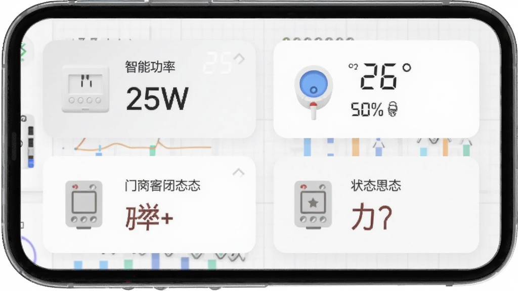 ���ǹ���App�豸״̬������棬�ֻ���Ļ��ʾ����豸��Ƭ���������ܲ�����ʾ��ǰ����25W����ʪ�ȴ�������ʾ�¶�26��ʪ��50%���Ŵ���������ʾ�ر�״̬��ÿ����Ƭ����Сͼ���ʵʱ��ֵ��������ǳɫ���񣬷�����ݿ��ӻ������������ɾ���