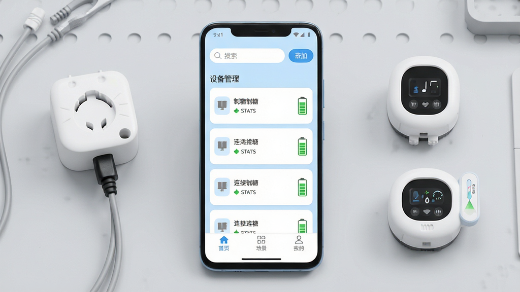 ���ǹ���App������ȫòչʾ������������һ����׿�ֻ�����Ļ��ʾ���ǹ���Ӧ�õ��豸������ҳ�������԰�ɫ��ǳ��ɫΪ��ɫ�����������������������豸��ť���м����������豸�Ŀ�Ƭ�б���ÿ�ſ�Ƭ��ʾ�豸���ơ�����״̬�͵���ͼ�꣬�ײ�����������ҳ���������ҵ�����ѡ������Ǹɾ���ǳ��ɫ����̨���ֻ��Ա߰ڷ������ܲ�������ʪ�ȴ�����ʵ���豸������ִ���ƽ��ϸ������Բ�󣬻��ʸɾ��޶���Ԫ�ء�