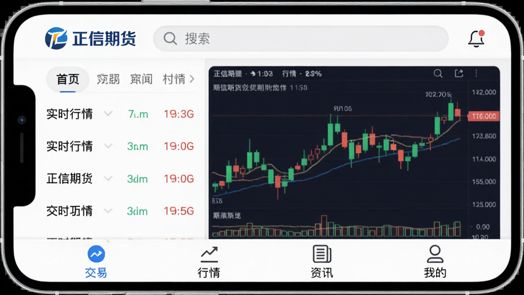 正信期货手机应用主界面展示,布局为顶部导航栏显示正信期货Logo和搜索框,中间区域呈现实时行情列表与K线图,底部为交易、行情、资讯、我的四个选项卡。风格为现代金融科技扁平化设计,细节圆润,画质干净清晰,无多余元素。