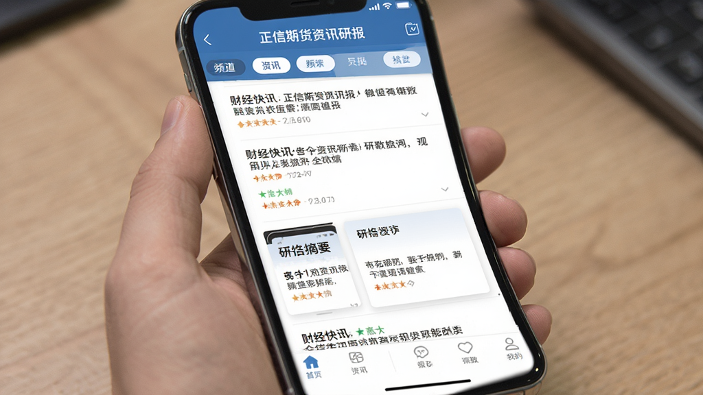正信期货资讯研报页面展示,主体为手机屏幕显示财经快讯列表和研报摘要卡片,布局为顶部频道切换、中间信息流、底部导航。风格为资讯阅读类应用设计,文字清晰,排版整洁,画质干净,无多余元素。