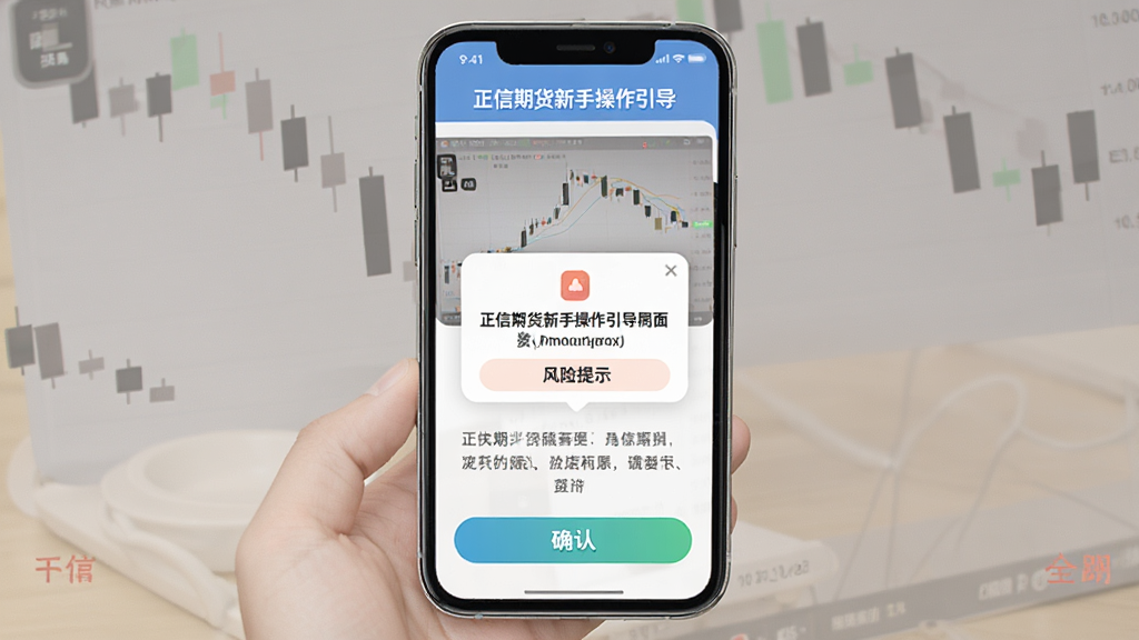 正信期货新手操作引导界面展示,主体为手机屏幕显示模拟交易和风险提示弹窗,布局为顶部标题、中间图文说明、底部确认按钮。风格为友好引导类设计,色彩柔和,细节清晰,画质干净,无多余元素。