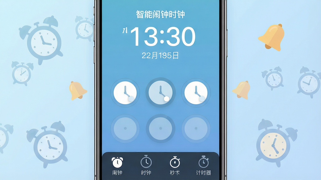��������ʱ��App������ȫòչʾ������������һ�������ֻ�����Ļ������ʾ����������ʱ�ӡ�Ӧ�ý��棬������ʾ��ǰʱ������ڣ��м��Ǽ������Բ�����ӿ��ذ�ť���ײ����������ӡ�ʱ�ӡ��������ʱ���ĸ���ǩҳ����������͵�ǳ��ɫ���䣬��Χɢ���ż�����͸��������ͼ�������СԪ�أ��������ִ���Լ��ƽ�������ʸɾ��������޶�������Ԫ��