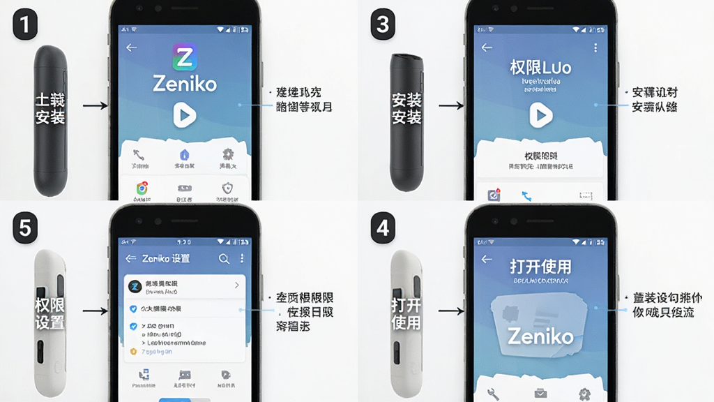 一张展示Zeniko软件安装步骤和权限设置的图片,主体是手机屏幕分步显示安装流程,布局为四格分镜排版,分别展示下载、安装、权限设置、打开使用四个步骤,风格为教程类信息图,细节上每格有数字序号和简短说明文字,画质干净无多余元素,图片中带有“Zeniko”字样