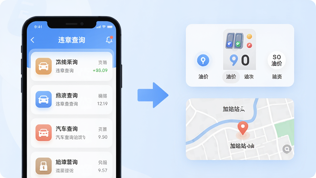 汽车天下功能展示图,画面左侧是手机界面显示违章查询结果列表,右侧是油价对比卡片和加油站地图标注,中间用箭头连接,背景是淡蓝色渐变,风格统一为扁平化UI设计,图标圆润,文字清晰标注功能名称,画质干净,无多余装饰元素