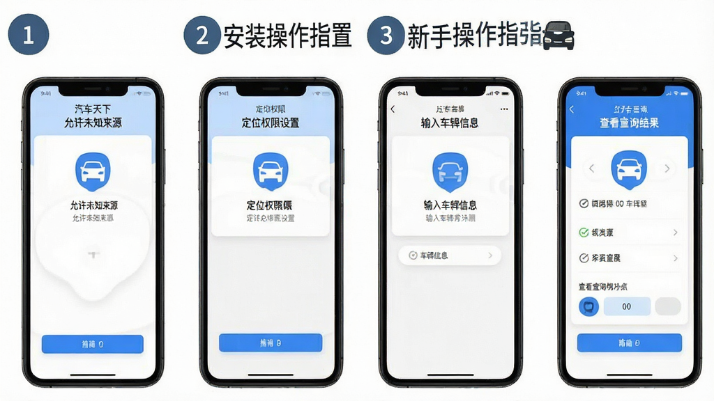 汽车天下新手操作指引图,画面展示手机屏幕从安装到使用的四个步骤截图,分别是允许未知来源、定位权限设置、输入车牌信息、查看查询结果,每个步骤用数字标注,背景干净白色,风格简洁教程风,图标清晰,画质干净无多余元素