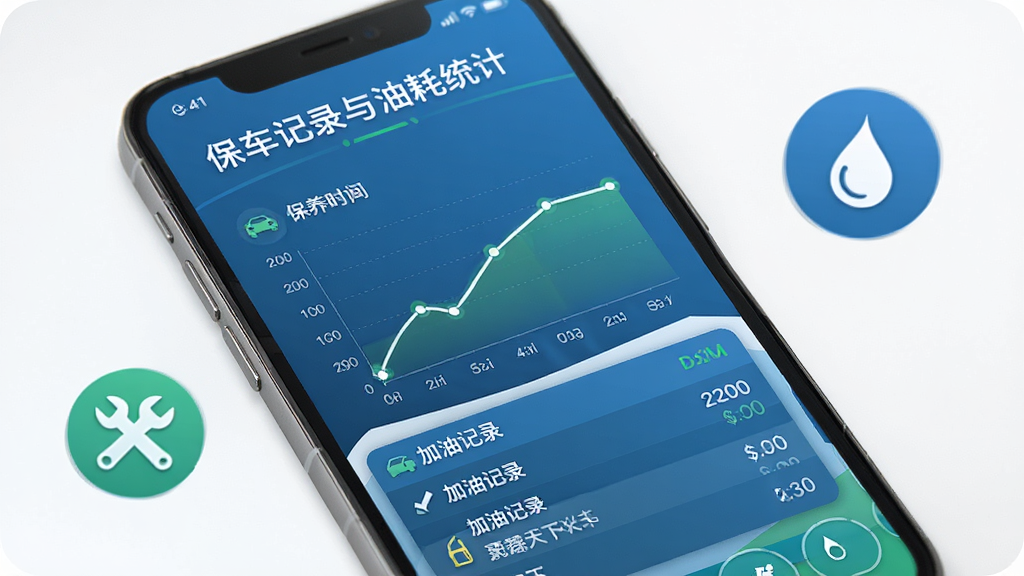 汽车天下保养记录与油耗统计界面,手机屏幕显示保养时间轴和油耗折线图,折线图下方有加油记录列表,旁边有扳手和油滴图标点缀,整体布局清晰,色彩以蓝色和绿色为主,风格简洁商务,细节精致,画质干净无多余元素