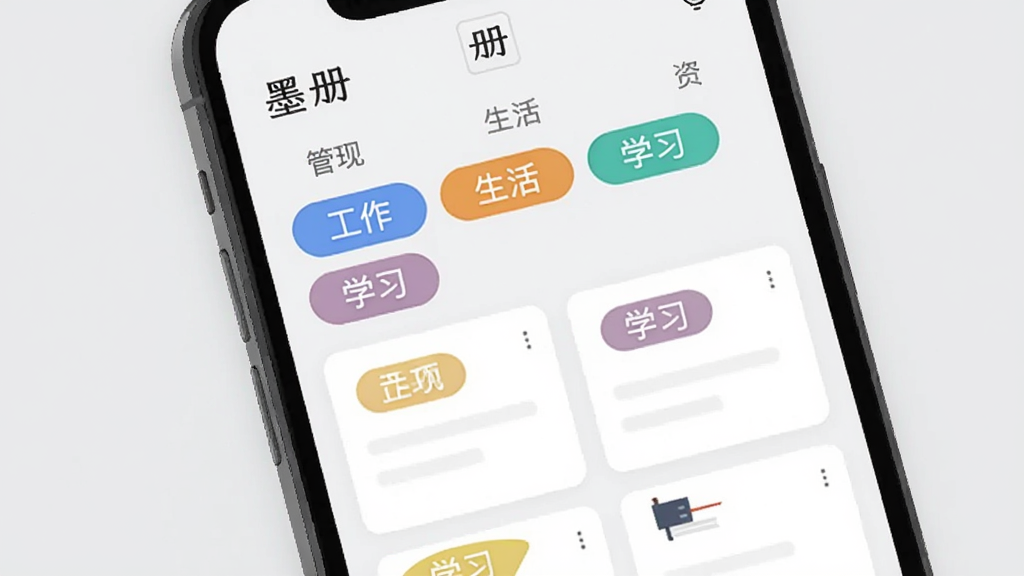 ����չʾһ���ֻ���Ļ����Ļ����ʾ��ī�ᡱAPP�ı�ǩ�������棬���ֲ�ɫ��ǩ�硰�����������������ѧϰ���������У��·��Ǵ��ж�Ӧ��ǩ�ıʼǿ�Ƭ����������ֱ�ۣ������ǵ���ɫ�����Ϊ�ִ���ƽ�廭�����ʸɾ����޶���Ԫ��