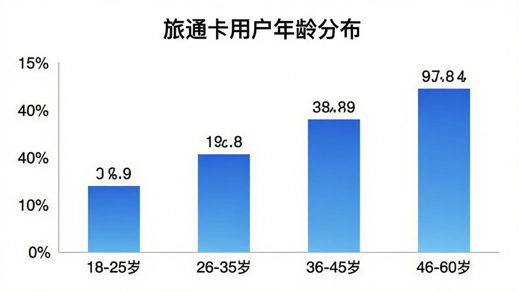 旅通卡用户年龄分布柱状图,画面展示一个简洁的柱状图,横轴是年龄段“18-25岁”“26-35岁”“36-45岁”“46-60岁”,纵轴是用户占比百分比,柱子颜色为蓝色渐变,图表上方有“旅通卡用户年龄分布”标题,整体风格干净,数据标签清晰,无多余元素