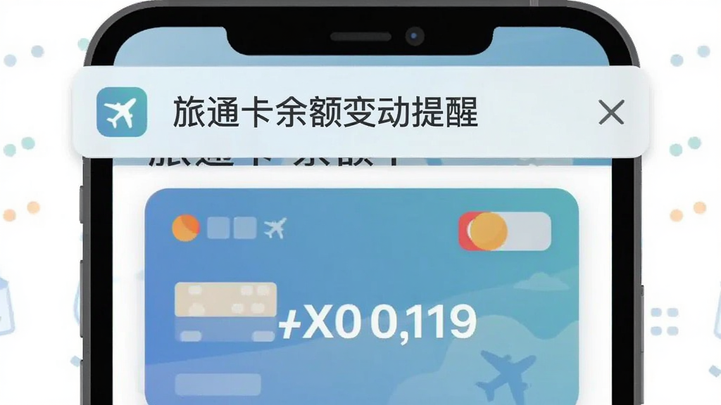 旅通卡余额提醒弹窗示意图,手机屏幕上方显示一条简洁的通知横幅,上面写着“旅通卡余额变动提醒”,下方是卡片余额数字,整体画面干净,配色柔和,扁平化风格,无多余装饰元素