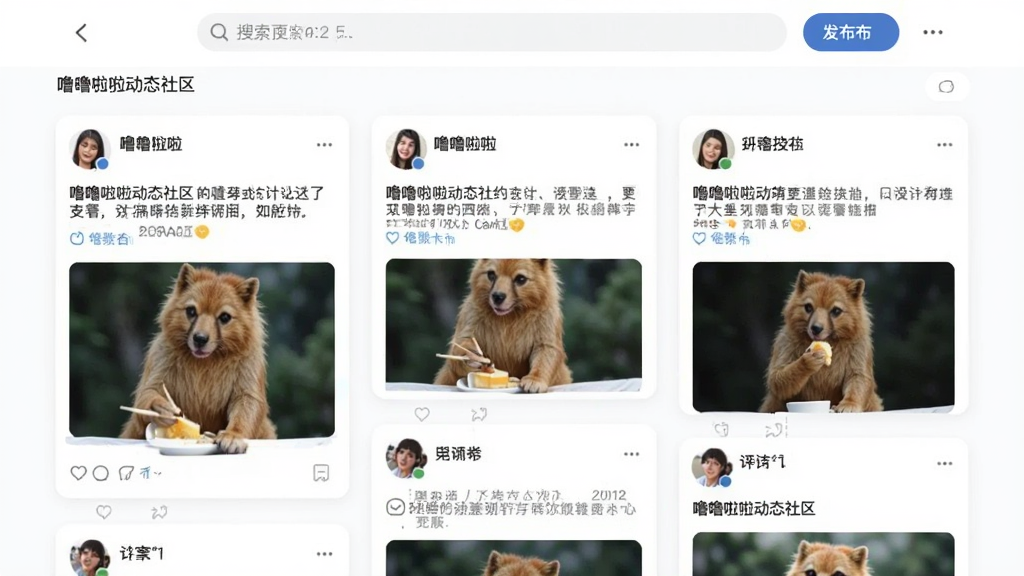 噜噜啦啦动态社区页面,主体是瀑布流式的内容卡片,每张卡片包含用户头像、文字描述和配图,顶部有搜索栏和发布按钮,风格类似主流社交平台,布局整洁,画质干净无多余元素