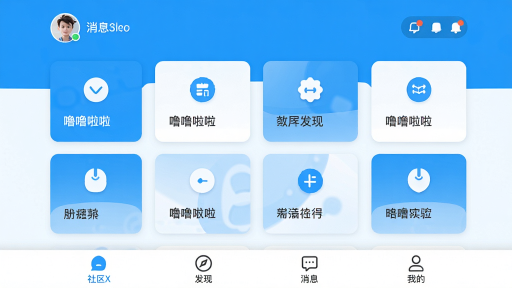 噜噜啦啦软件主界面全貌,明亮的蓝白配色,顶部显示用户头像和消息通知,中间是卡片式功能入口排列整齐,底部为社区、发现、消息、我的四个选项卡,界面干净清爽,风格现代扁平,文字清晰可辨,画质干净无多余元素