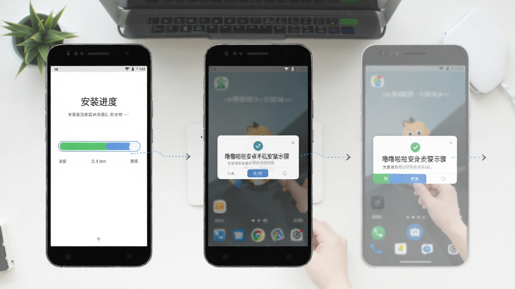 噜噜啦啦安卓手机安装步骤示意图,主体是手机屏幕显示安装进度条和权限确认弹窗,背景是简洁的桌面环境,风格教程类图示,布局清晰分步展示,画质干净无多余元素