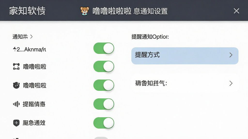 噜噜啦啦消息通知设置界面,主体是通知开关列表和提醒方式选项,顶部显示软件名称,风格简洁实用,布局清晰,画质干净无多余元素