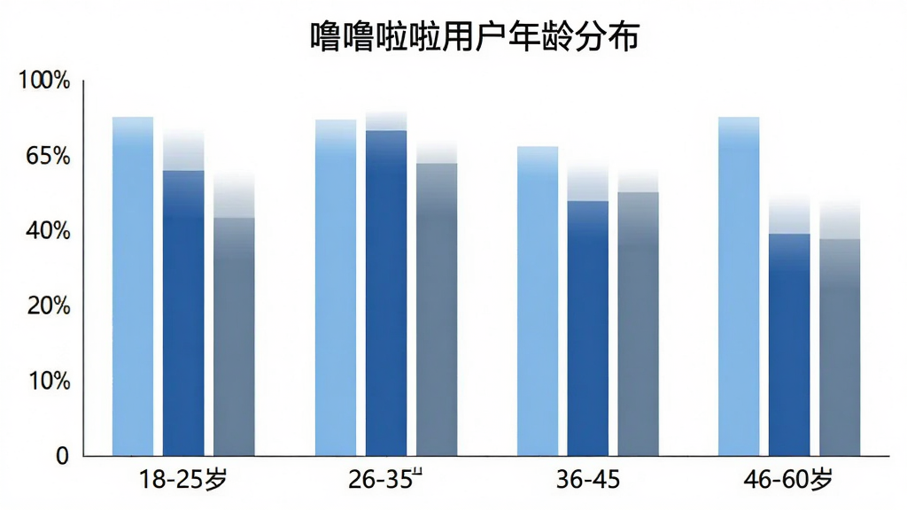 噜噜啦啦用户年龄分布柱状图,横轴为18-25岁、26-35岁、36-45岁、46-60岁四个年龄段,纵轴为用户人数占比,柱状颜色分别为浅蓝、天蓝、深蓝、灰蓝,图表标题为“噜噜啦啦用户年龄分布”,风格简洁数据可视化,画质干净无多余元素