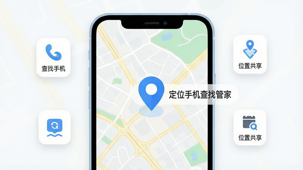 һ��չʾ����λ�ֻ����ҹܼҡ���������ȫò��ͼƬ��������һ�������ֻ���Ļ����Ļ������ʾ�ų��е�ͼ���棬��ͼ����һ����Ŀ����ɫ��λͼ�꣬ͼ���Ա߱�ע�š���λ�ֻ����ҹܼҡ����������ֲ��þ��й�ͼ���ֻ�����Ư���ż������Ĺ���Сͼ���硰�����ֻ�������λ�ù��������Ű����������Ϊ�ִ���ƽ���Ƽ��磬ϸ�����ֻ��߿�Բ�󣬵�ͼ��·�������������ʸɾ��������޶���Ԫ�ء�
