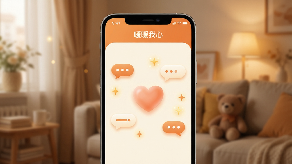 ����������һ���ֻ����ֻ���Ļ������ʾ��һ����Ϊ��ůů���ġ���App���棬������ů��ɫ���װ�ɫΪ��ɫ����������ܰ��࣬��Ļ������һ����͵İ���ͼ�꣬��Χɢ���ż���Բ��ĶԻ����ݺ����ǵ��Ĺ��Σ��������黯�ľӼ�ů�⻷����������������ů��ϸ�ڸɾ��������������޶���Ԫ��
