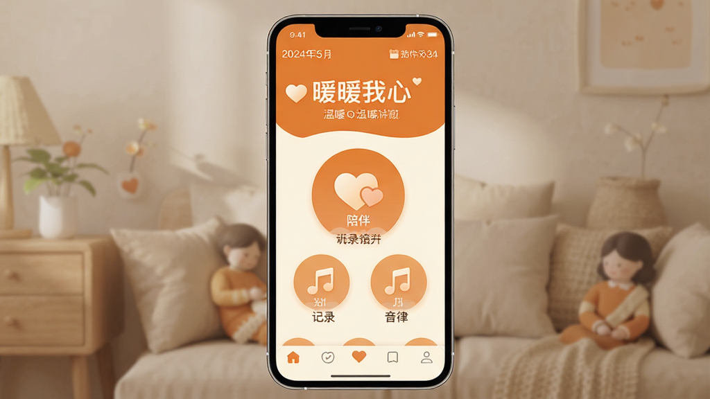 ����չʾ��ůů���ġ�App�����������ͼ����ů��ɫ���װ�ɫΪ��ɫ����������ʾ�����ں�һ����ů���ʺ���м��Ǽ���Բ�εĴ���ͼ�꣬�ֱ��ע����顢��¼�����ɵ��������ײ��Ǽ��ĵ����������岼�ֶԳƹ���������ƽ������ܰ�����ʸɾ����䣬�޶���Ԫ��