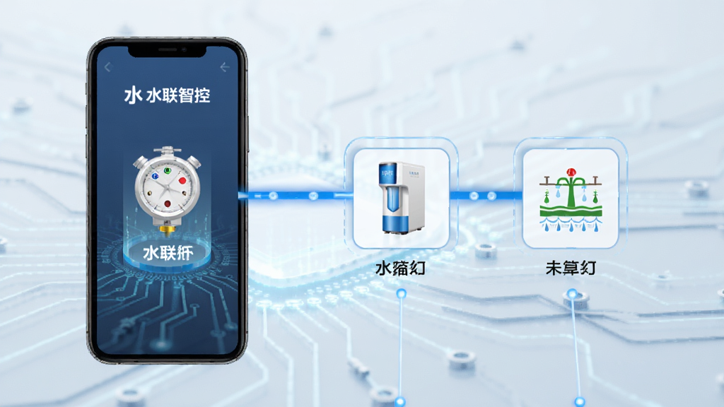 水联智控 多设备连接示意图 手机屏幕显示水表 净水器 灌溉器图标 蓝色连接线 科技感背景 简洁排版 干净画质