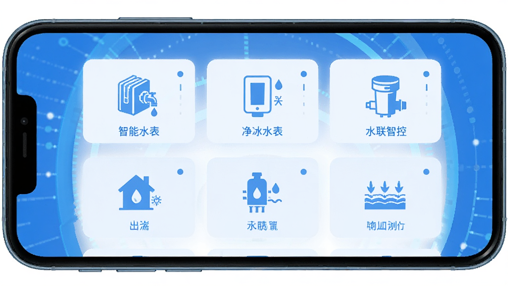 水联智控 手机应用主界面 蓝色科技感 智能水表 净水器 灌溉设备图标 简洁卡片式布局 现代扁平风格 干净画质 无多余元素