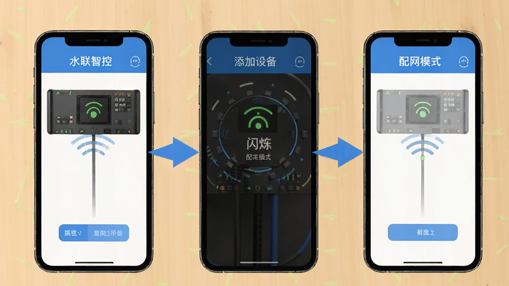 水联智控 新手操作步骤图 手机界面 添加设备 配网模式 指示灯闪烁 蓝色引导箭头 简洁画质