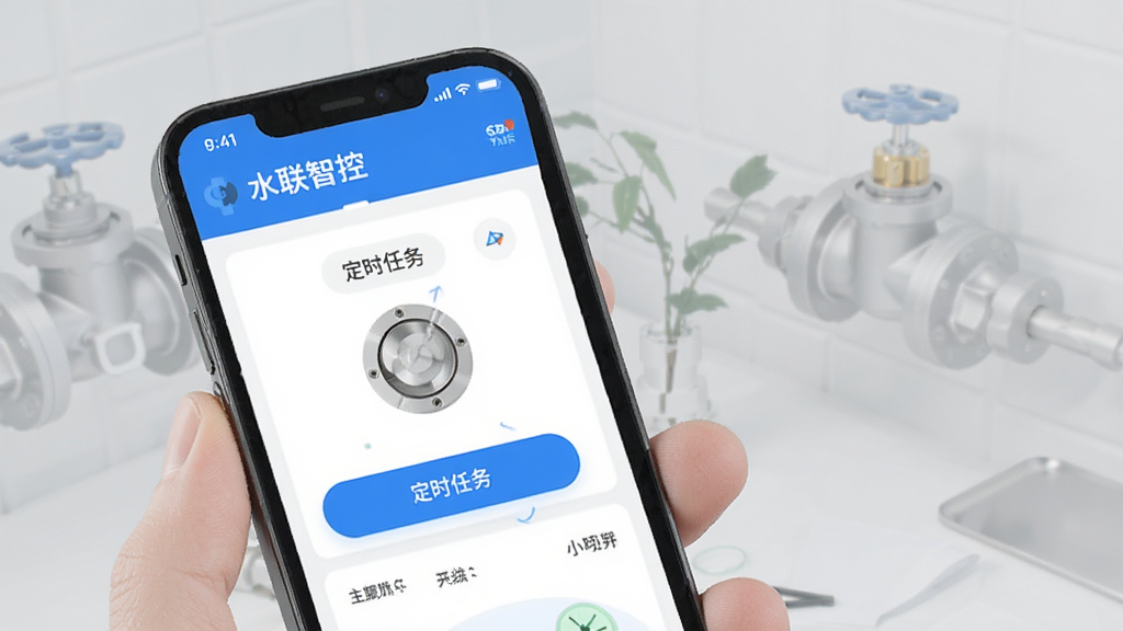 水联智控 远程控制界面 手机显示阀门开关 定时任务列表 蓝色按钮 简洁布局 现代UI风格 干净画质
