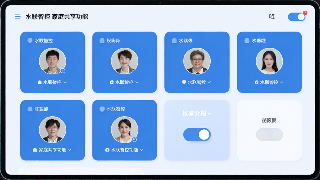 水联智控 家庭共享功能界面 多个用户头像 权限分配开关 蓝色主色调 卡片式布局 简洁现代 干净画质