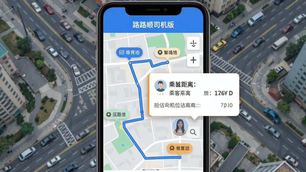 路路顺司机版智能派单功能展示,手机屏幕显示地图界面,地图上有蓝色路线和多个订单气泡,一个高亮订单卡片弹出显示乘客距离和预估费用,界面顶部有“路路顺司机版”字样,背景是城市道路俯瞰图,风格扁平化设计,画质清晰,无多余元素