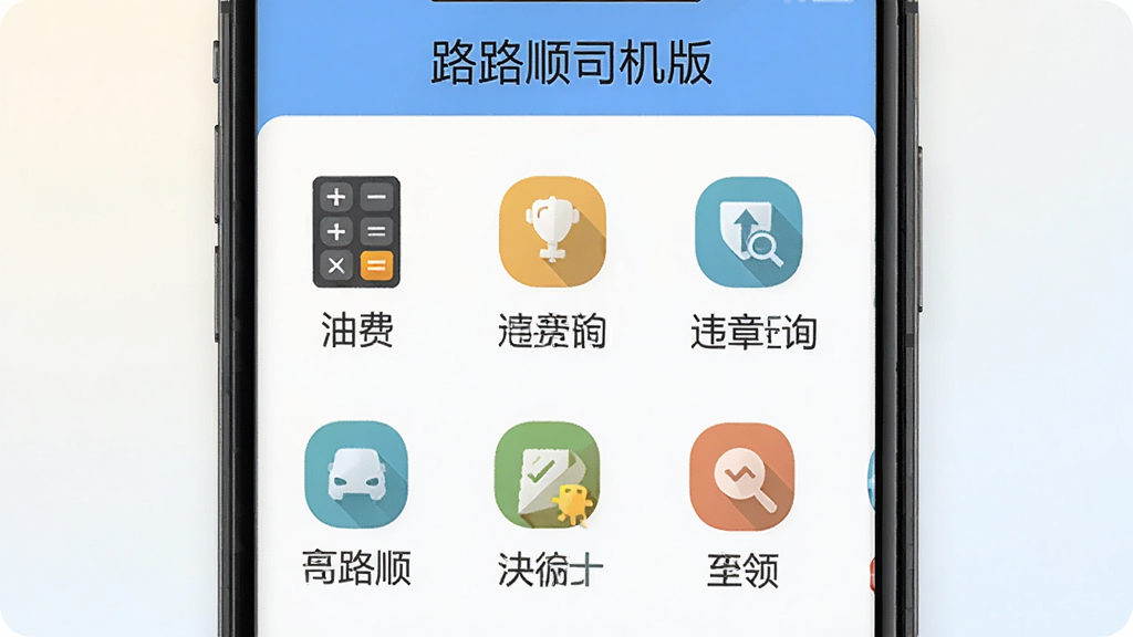 路路顺司机版司机工具页面展示,手机屏幕显示功能图标网格,包括计算器、油费估算、违章查询等图标,每个图标下方有中文标签,顶部有“路路顺司机版”标题,背景为浅色渐变,风格简约扁平,画质清晰,无多余元素