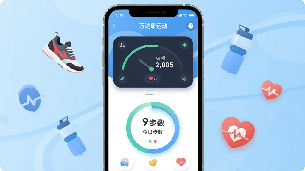 ��￵�˶�app������չʾ���ֻ���Ļ���У�������ǳ��ɫ�����˶������Ļ����ʾ�˶������Ǳ��̺ͽ��ղ���Բ������ΧƯ�����˶�Ь��ˮ��������ͼ�꣬���岼�ּ�࣬����ִ���ƽ��ϸ��Բ�󣬻��ʸɾ��޶���Ԫ��