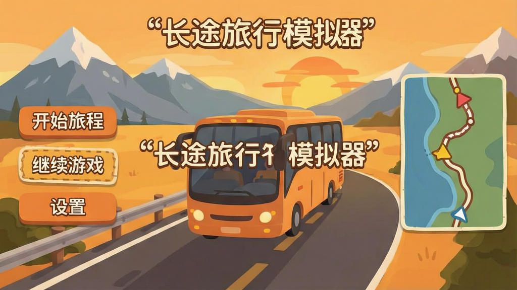 一张横版游戏主界面截图风格图片,画面中央是长途旅行模拟器主界面,背景是一辆行驶在蜿蜒公路上的大巴车,远处有雪山和落日,界面左侧显示“开始旅程”“继续游戏”“设置”三个按钮,右侧是路线地图缩略图,整体色调温暖偏橙黄,扁平化设计,细节圆润,画质干净无多余元素,风格类似于旅行手账插画,图片中文字必须加引号,包含“长途旅行模拟器”。