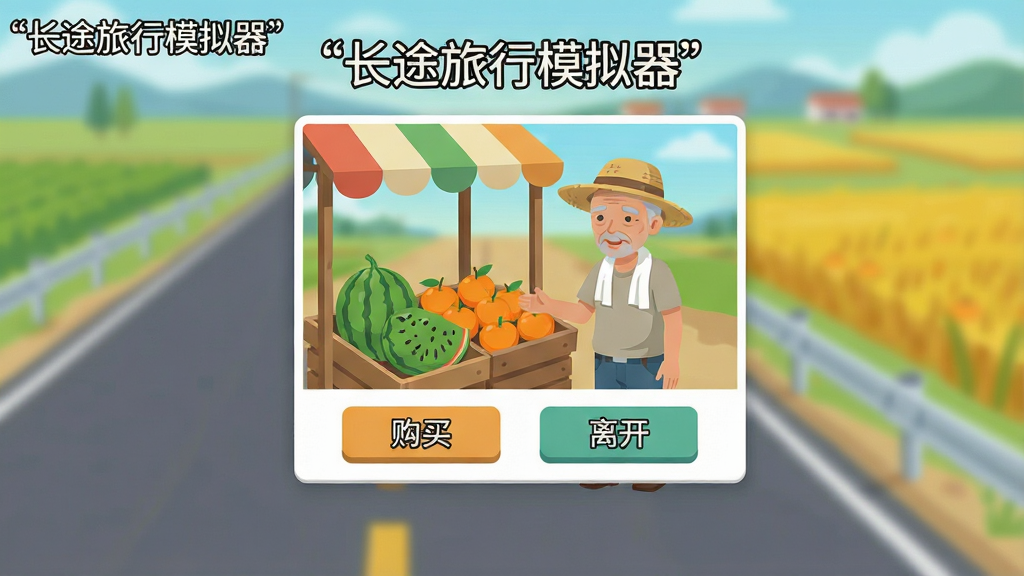 长途旅行模拟器游戏内事件触发界面风格图片,画面中央弹出一个小窗口,窗口内是一位戴着草帽的老乡站在路边水果摊前,摊子上摆着西瓜和橘子,窗口下方有“购买”“离开”两个按钮,背景是模糊的公路和田野,整体色调清新自然,扁平化插画风格,画质干净无多余元素,图片中文字必须加引号,包含“长途旅行模拟器”。