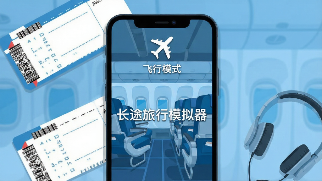 长途旅行模拟器游戏内离线模式界面风格图片,画面主体是一部手机屏幕显示游戏画面,屏幕上方有一个飞机图标和“飞行模式”字样,手机周围散落着登机牌和耳机,背景是飞机客舱座位,整体色调偏冷蓝,扁平化设计风格,画质干净无多余元素,图片中文字必须加引号,包含“长途旅行模拟器”。