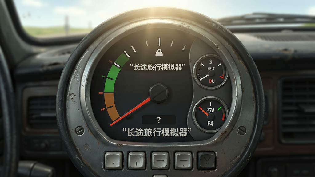 长途旅行模拟器游戏内车辆仪表盘特写风格图片,画面主体是一个圆形仪表盘,指针指向油量偏低区域,旁边有水温表和胎压监测小图标,仪表盘下方是几个物理按键,背景是模糊的车内环境,整体风格复古机械感,金属质感强烈,光线从上方打下,画质干净无多余元素,图片中文字必须加引号,包含“长途旅行模拟器”。