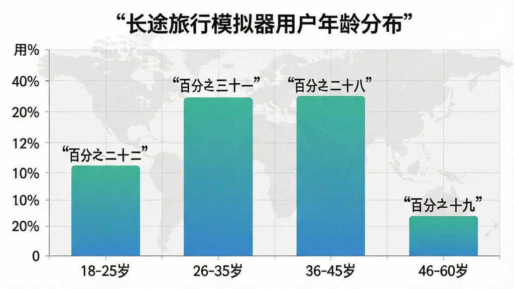 一张柱状图风格图片,横轴是年龄区间“18-25岁”“26-35岁”“36-45岁”“46-60岁”,纵轴是用户占比百分比,四个柱子分别显示“百分之二十二”“百分之三十一”“百分之二十八”“百分之十九”,柱子颜色为渐变的蓝绿色,背景是浅灰色网格,图表标题为“长途旅行模拟器用户年龄分布”,整体风格简洁数据可视化,画质干净无多余元素,图片中文字必须加引号,包含“长途旅行模拟器”。