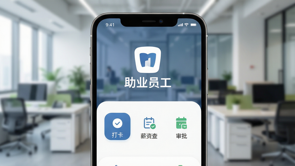 һ���ֻ���Ļչʾ��ҵԱ��App�������ͼƬ������������App��Logo�����ơ���ҵԱ�������������ִ��칫�����黯������������ʾ�򿨰�ť��н�ʲ�ѯ��������ڵȺ��Ĺ���ͼ�꣬���ּ�����������ƫ�������ƽ����ƣ�ϸ��Բ�󣬻��ʸɾ��޶���Ԫ��